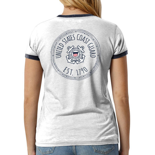 Coast Guard Ladies Distressed Ringer Tee (White/Navy)