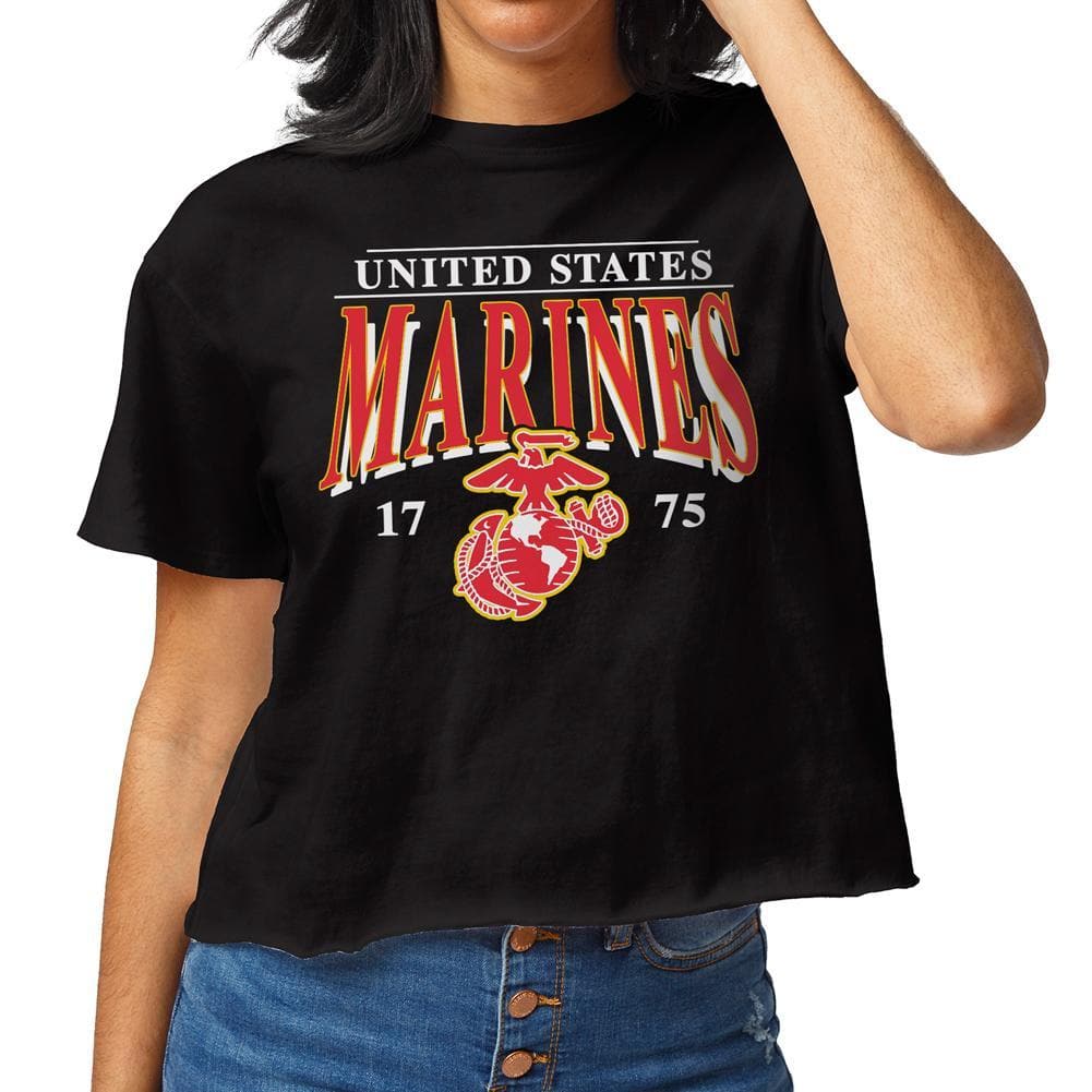 Marines Ladies Clothesline Cotton Crop T-Shirt (Black)