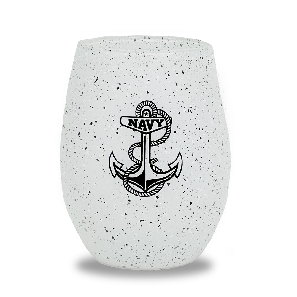 Navy Anchor 15oz Speckled Stemless Wine Glass (White)