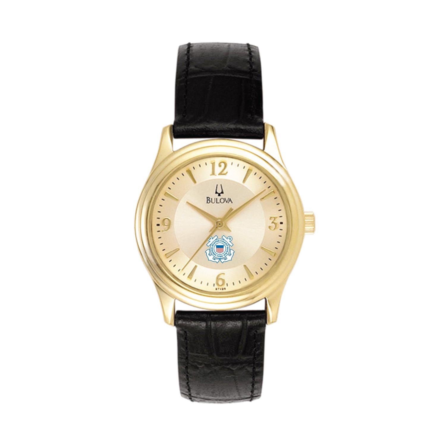 Coast Guard Seal Ladies Bulova Black Leather Strap Gold Plated Watch (Black)