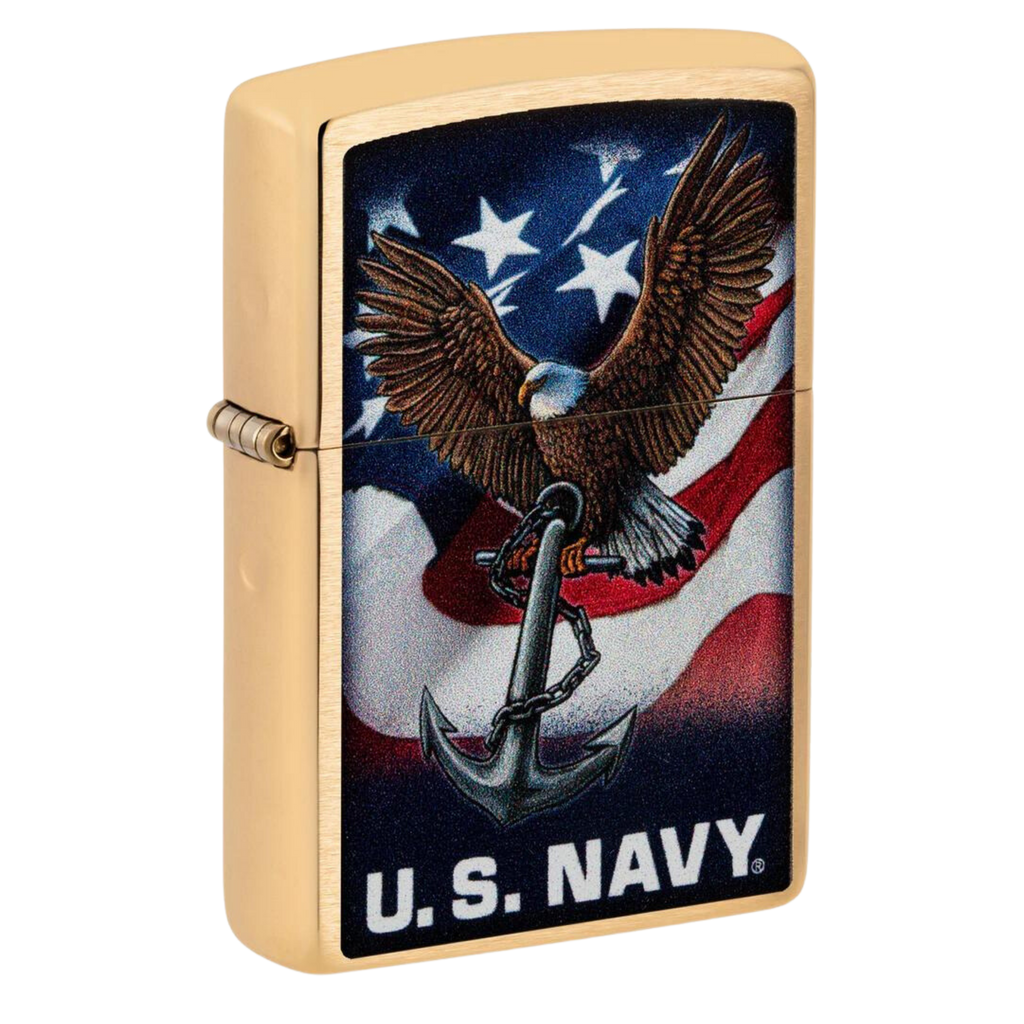 Navy Eagle Brushed Brass Color Logo Zippo