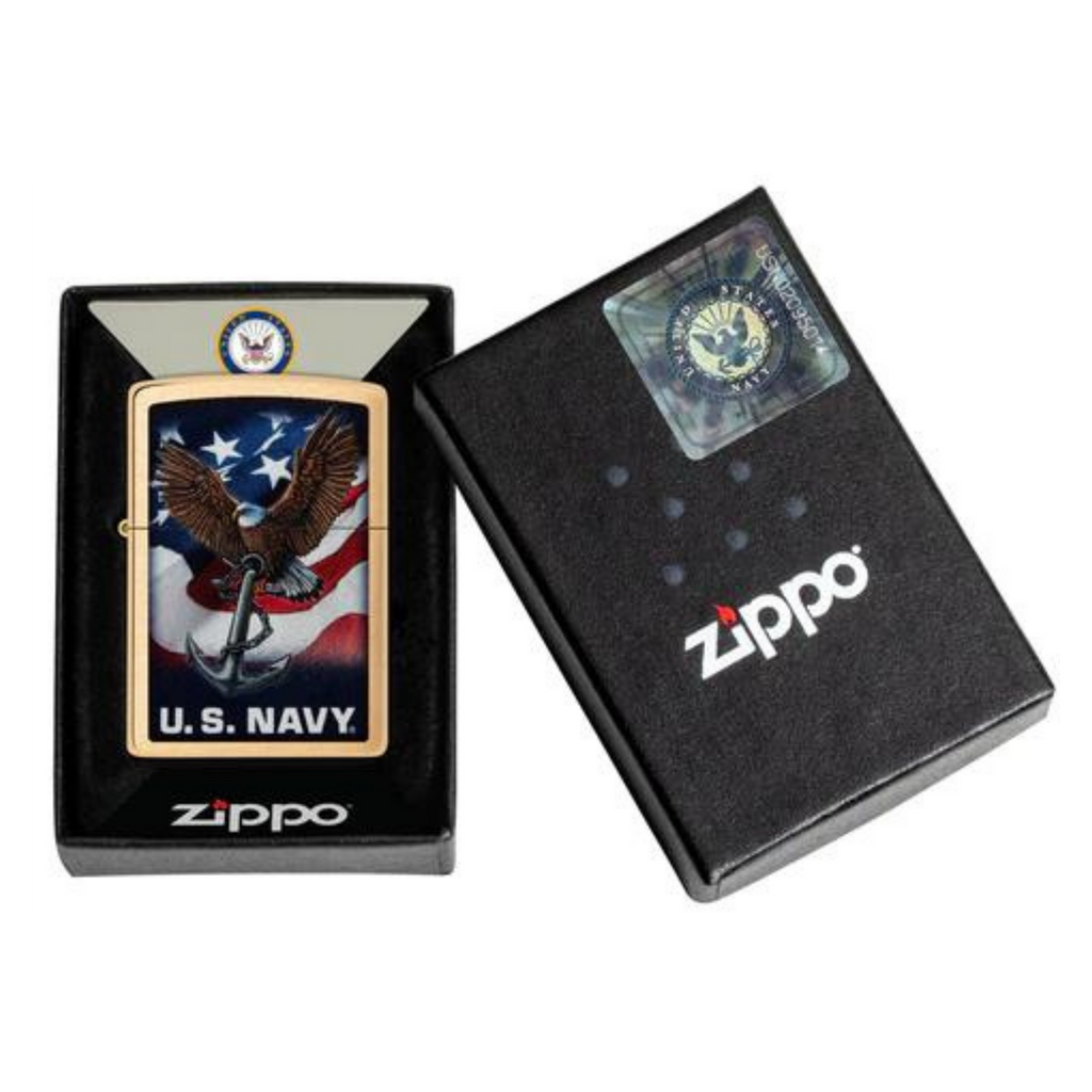 Navy Eagle Brushed Brass Color Logo Zippo