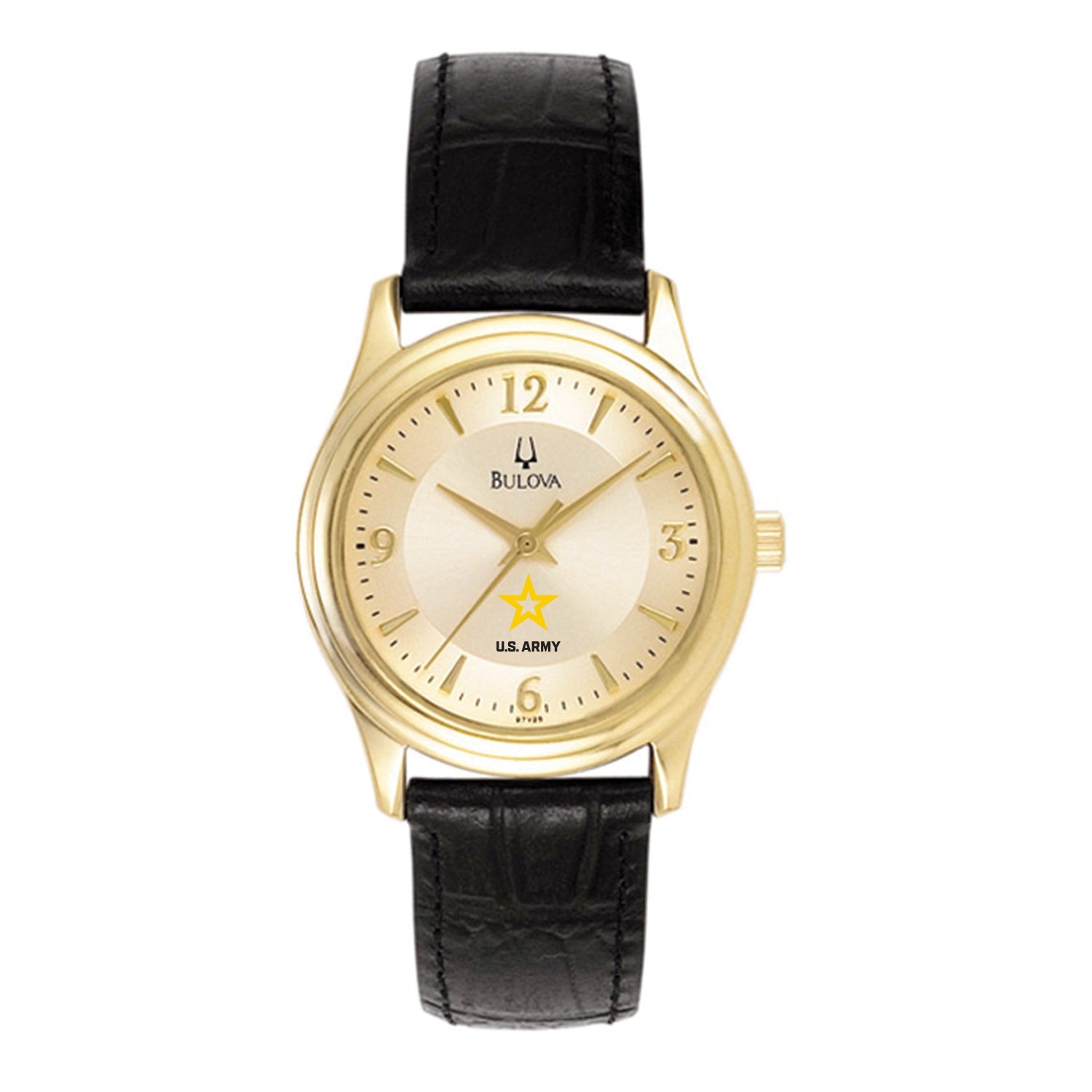 Army Star Ladies Bulova Black Leather Strap Gold Plated Watch (Black)