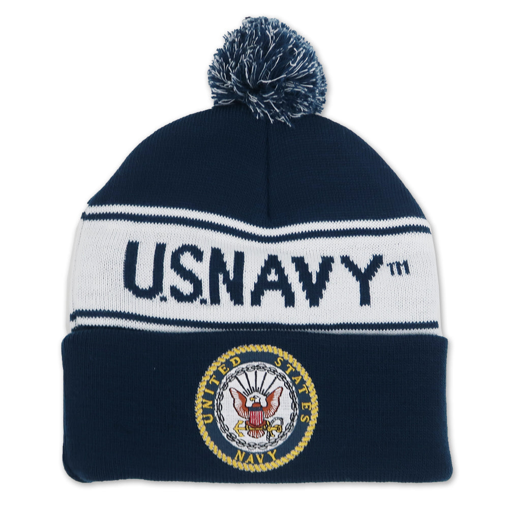 Navy Pom Pom Knit Beanie