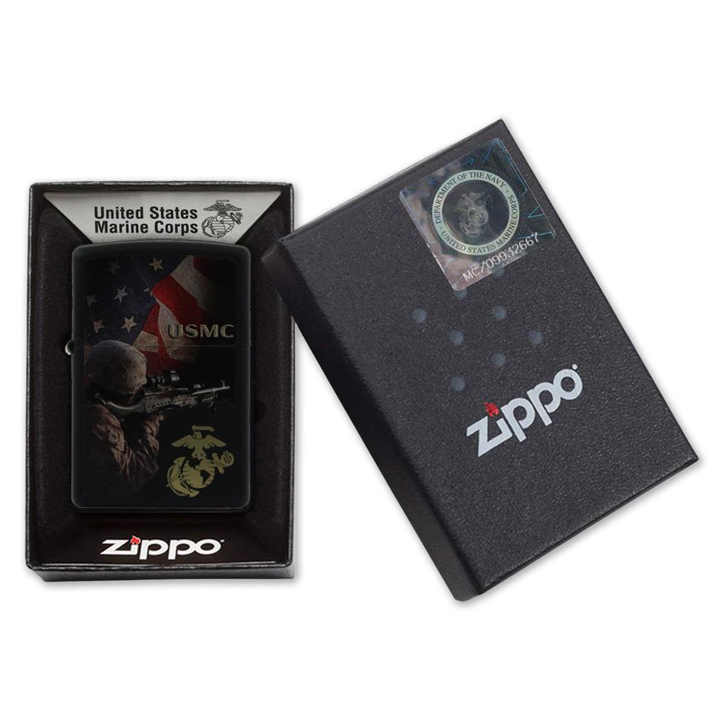 USMC American Flag Soldier EGA Black Matted Zippo Lighter