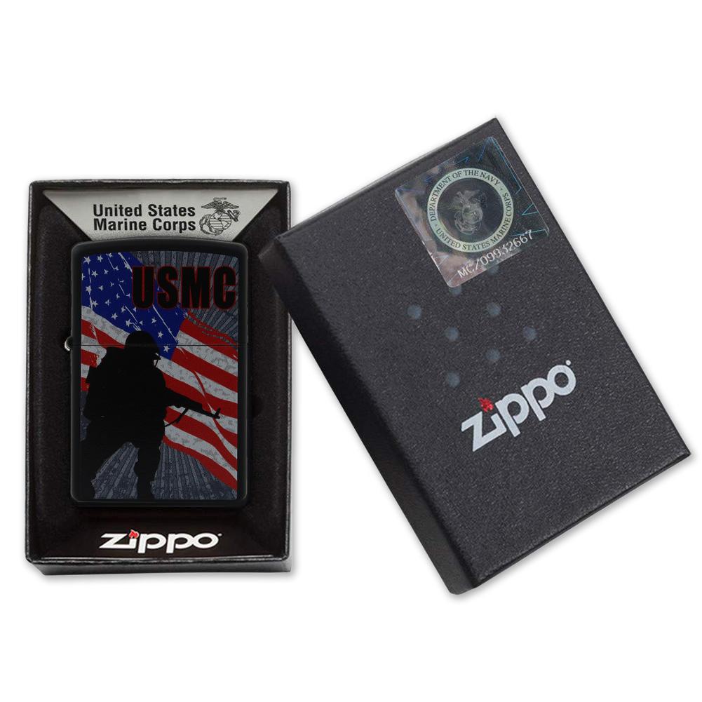 USMC Outlined USA Flag Black Matted Zippo Lighter