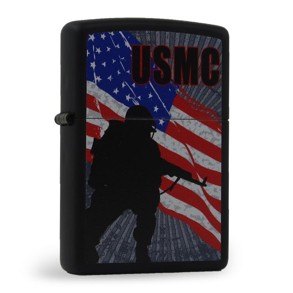 USMC Outlined USA Flag Black Matted Zippo Lighter