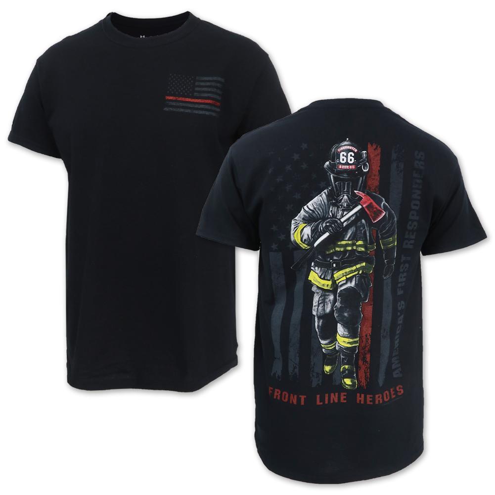 Front Line Heroes Firefighter Flag T-Shirt (Black)