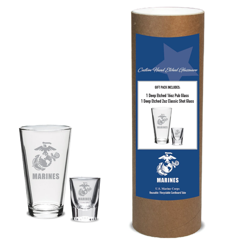 Marines EGA 16oz Deep Etched Pub Glass and 2oz Classic Shot Glass (Clear)