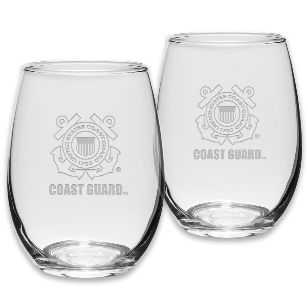 Coast Guard Seal Set of Two 21oz Stemless Wine Glasses (Clear)