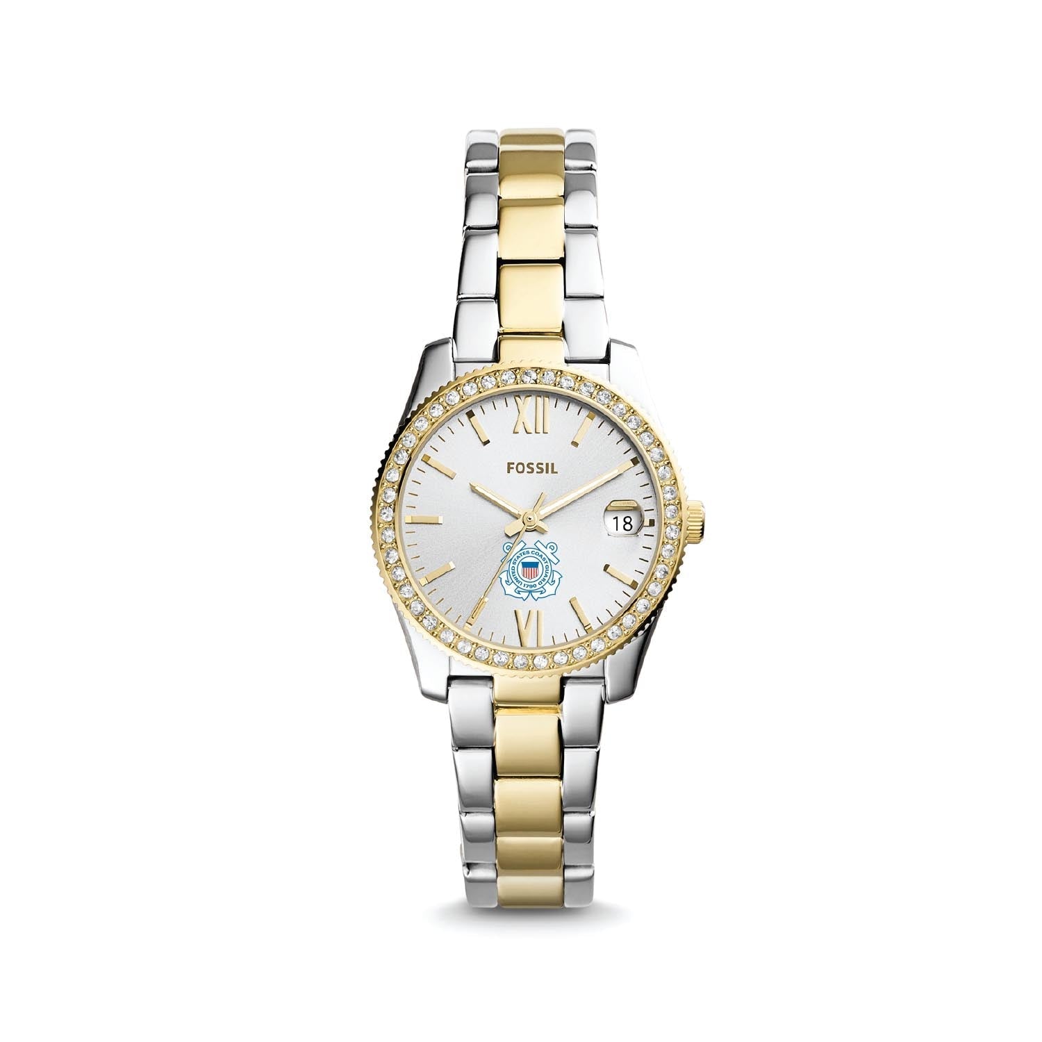 Coast Guard Seal Ladies Fossil Two-Tone Steel Bracelet Strap Watch (Silver/Gold)