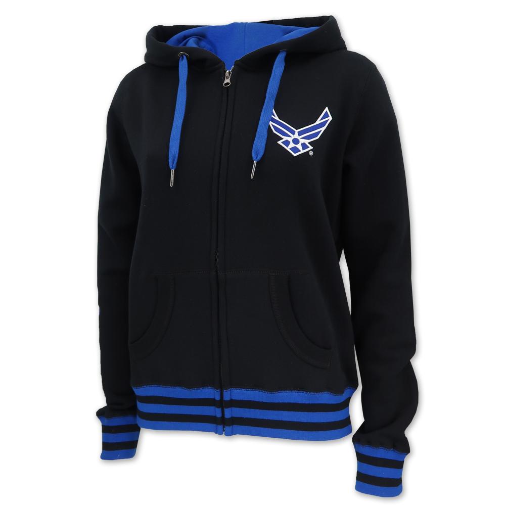 Air Force Wings Ladies Embroidered Fleece Stripe Full Zip (Black)