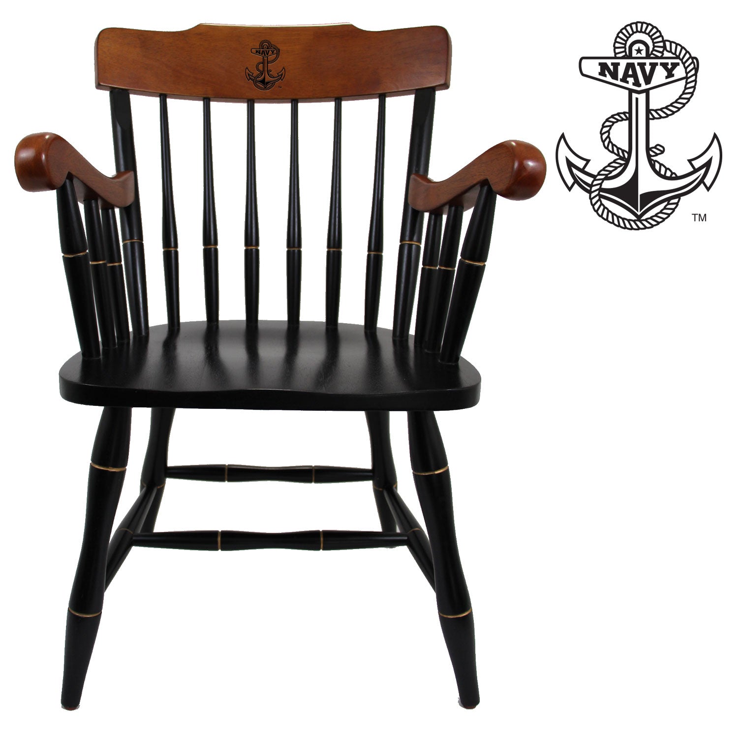 Navy Anchor Wooden Captain Chair (Black - Cherry Arms & Crown)