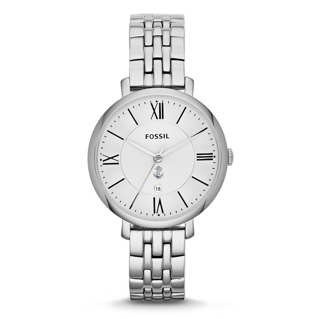 Navy Anchor Ladies Fossil Roman Numerals Bracelet Watch (Silver)