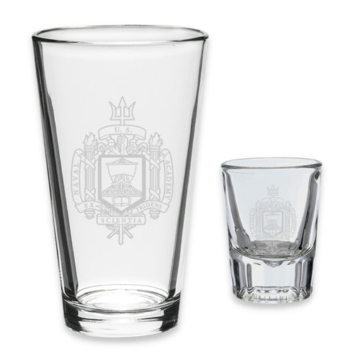 Naval Academy 16oz Deep Etched Pub Glass and 2oz Classic Shot Glass (Clear)