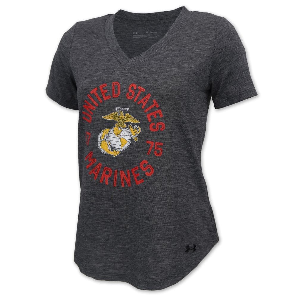 Marines Ladies Under Armour Breezy V-Neck T-Shirt (Heather Black)