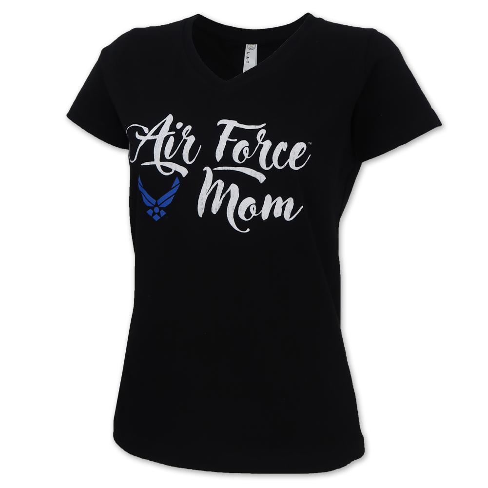 AIR FORCE WINGS LADIES MOM SCRIPT V-NECK T-SHIRT (BLACK) 1