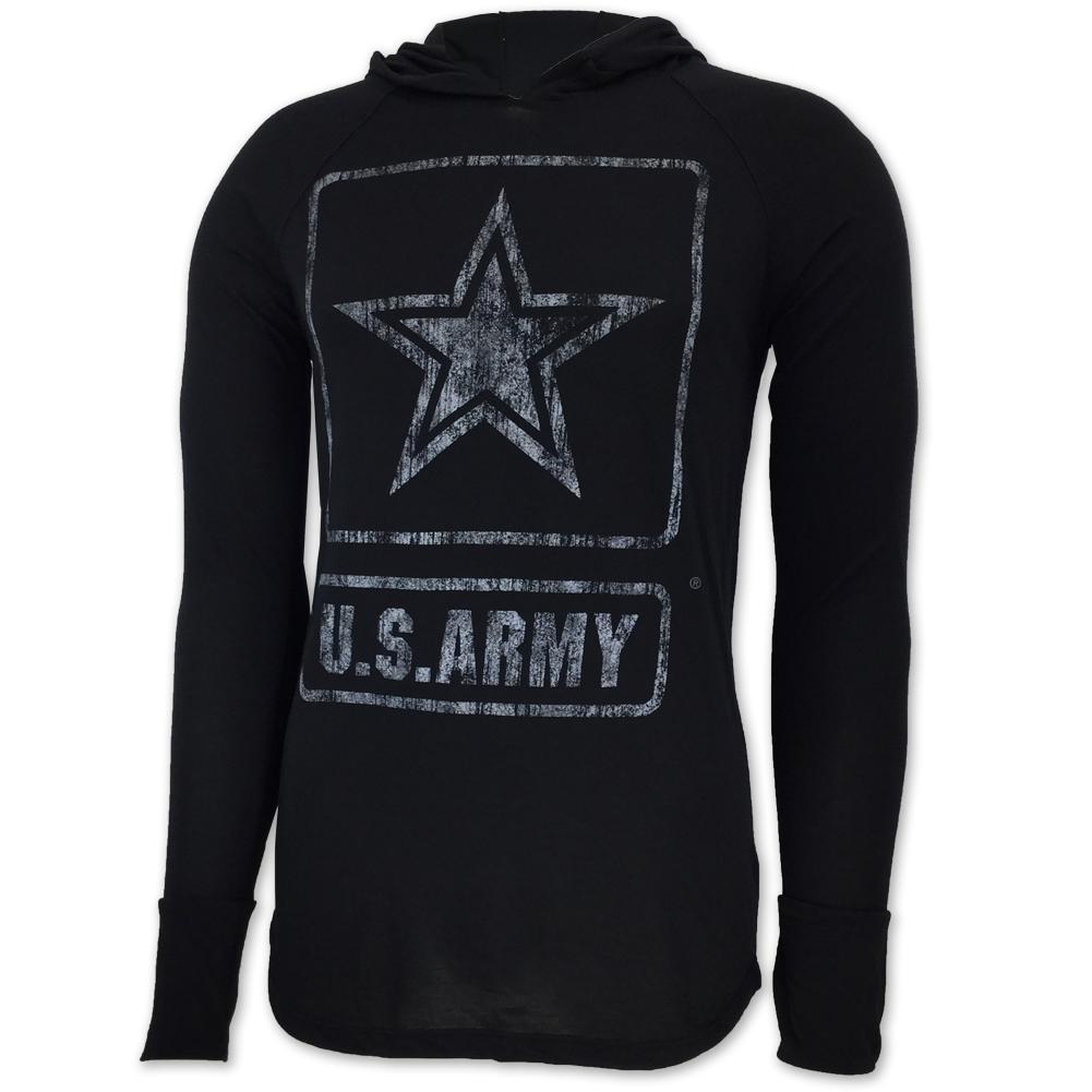 ARMY DISTRESSED STAR LONG SLEEVE HOODIE T (BLACK)