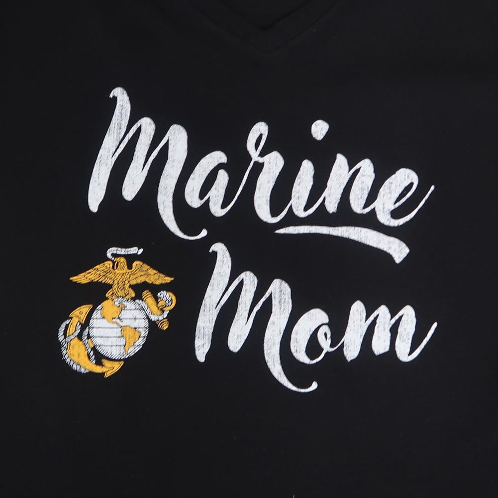 MARINES EGA LADIES MOM SCRIPT V-NECK T-SHIRT (BLACK)