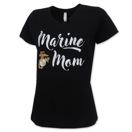 MARINES EGA LADIES MOM SCRIPT V-NECK T-SHIRT (BLACK) 1