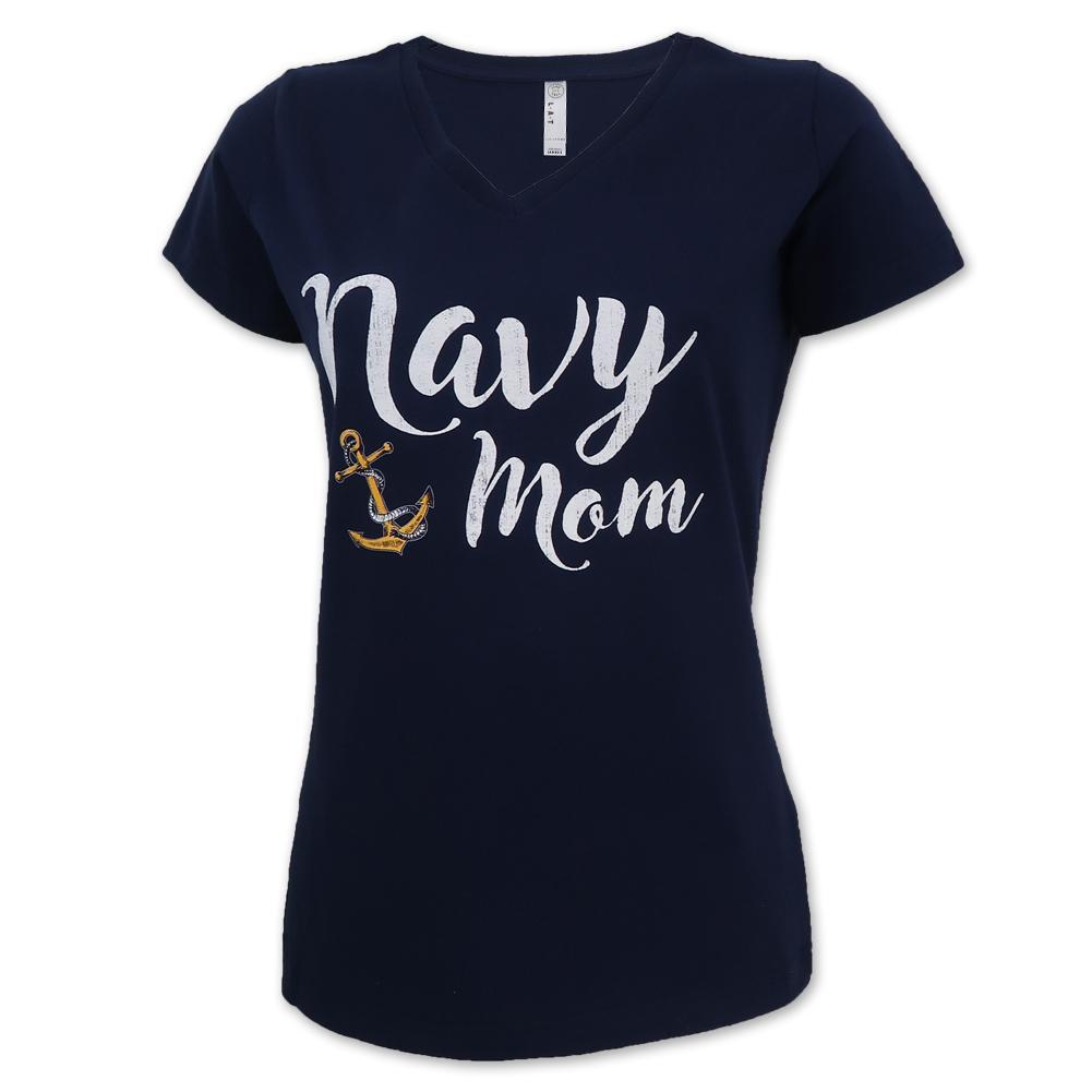 NAVY ANCHOR LADIES MOM SCRIPT V-NECK T-SHIRT (NAVY) 1