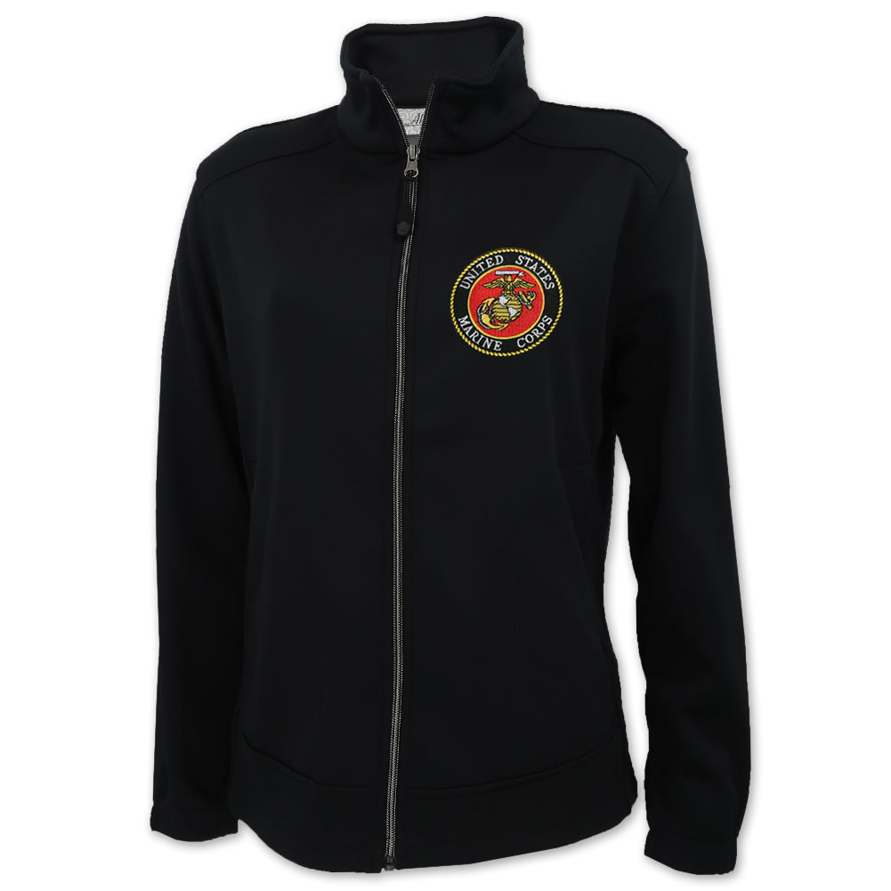 UNITED STATES MARINE CORPS SEAL LADIES FULL ZIP SOFT SHELL FLEECE JACKET (BLACK)