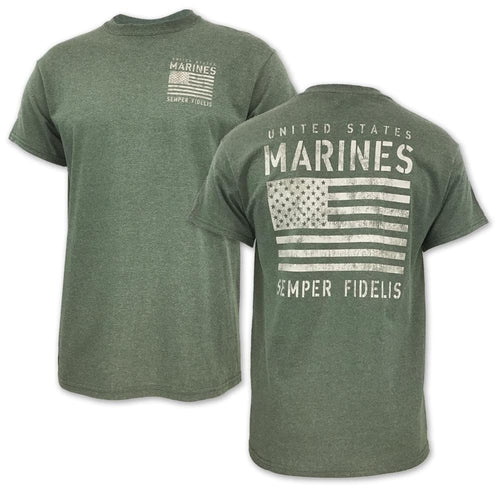 USMC DISTRESSED FLAG SEMPER FI T-SHIRT (HEATHER GREEN) 3