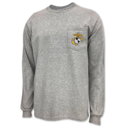 USMC EGA LOGO LONG SLEEVE POCKET T (GREY)