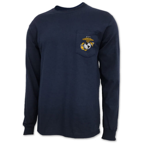 USMC EGA LOGO LONG SLEEVE POCKET T (NAVY)